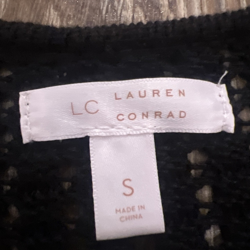 LC Lauren Conrad Cardigan Sweater Womens Size S Black Open Knit Crochet Duster - Picture 5 of 7